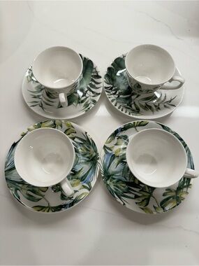 Tropical Leaf Porcelain Espresso Cup and Saucer Set of 4- Green